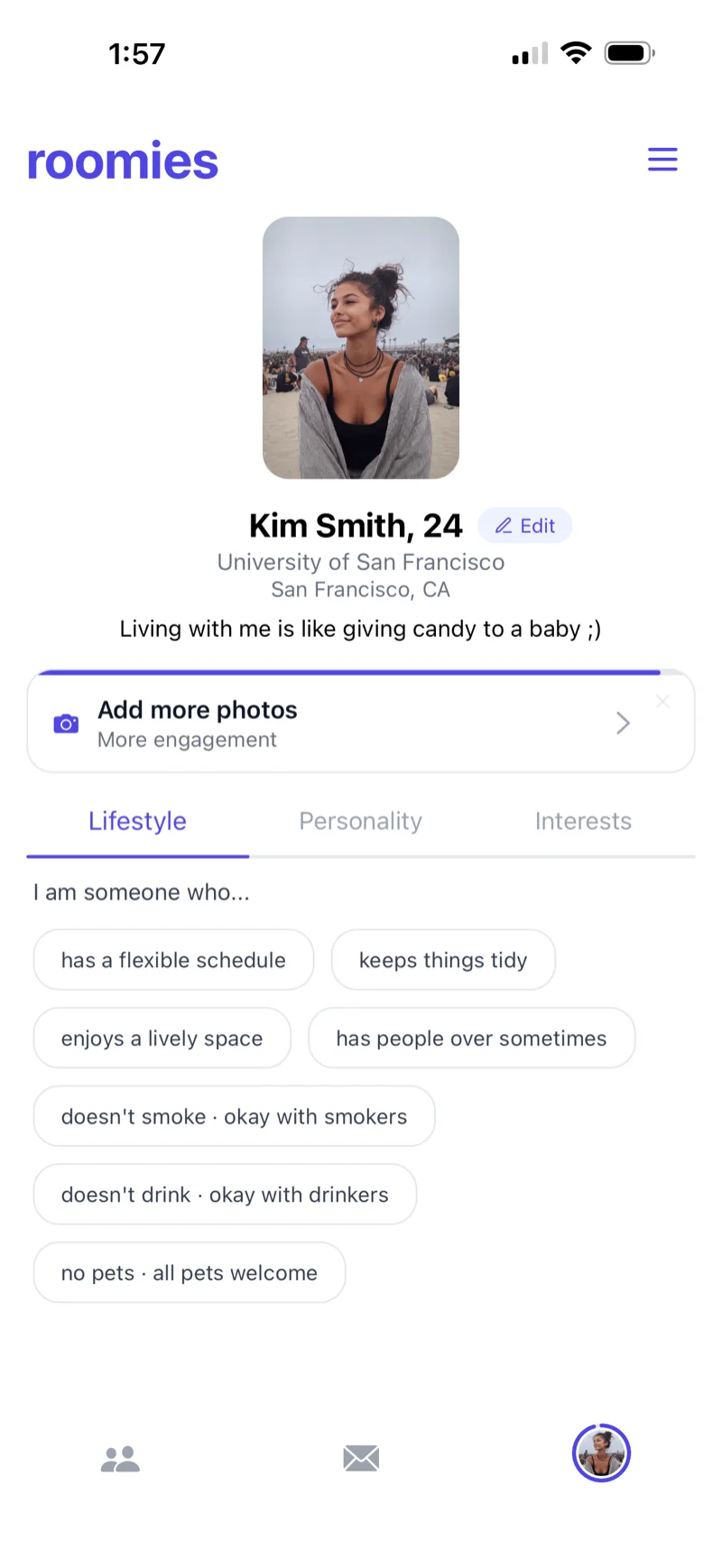 roomies profile screen